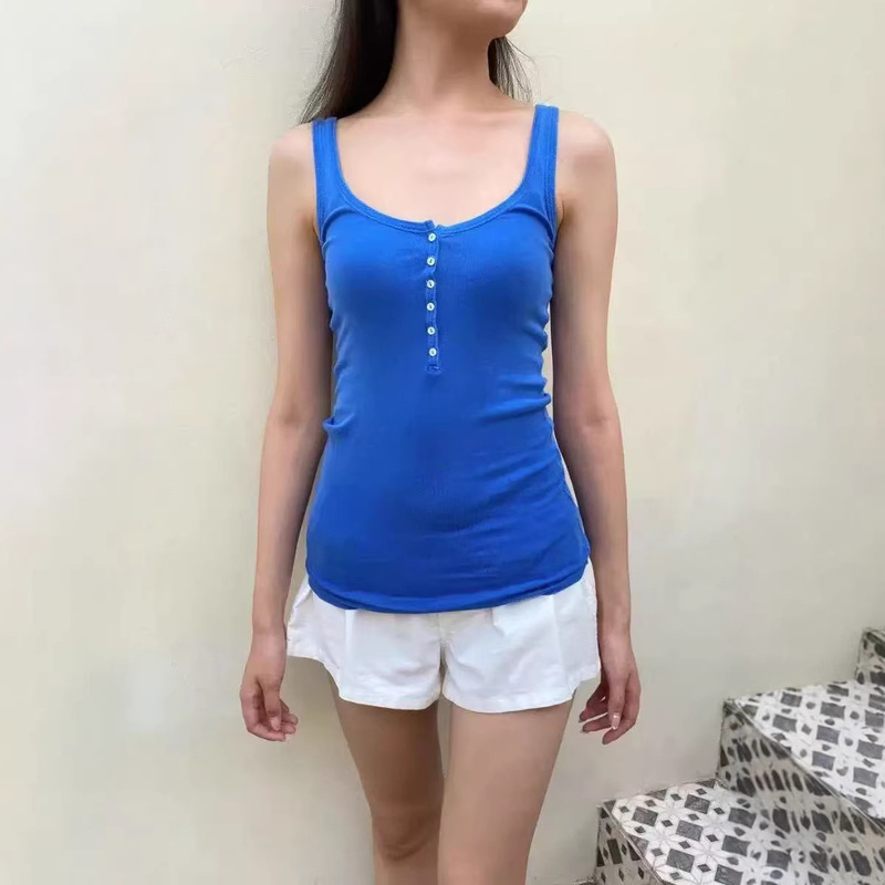 Bm Style Blue Six-Button Camisole for Women, Slim Fit, Sleeveless Inner Top, Dails Tank Trendy