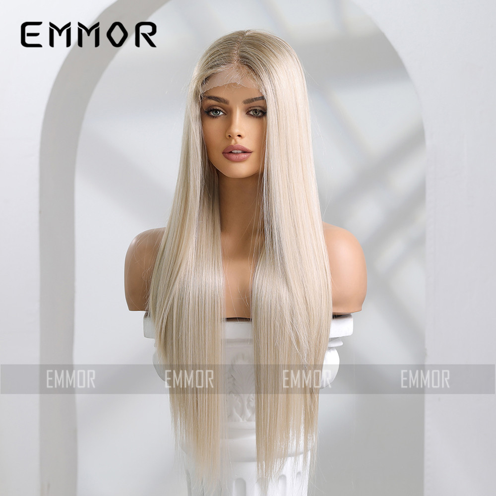 Pelucas para mujer, cabello importado, frente de encaje tejido a mano, raya en medio, cabello largo y liso con degradado dorado, material de fibra de alta temperatura.