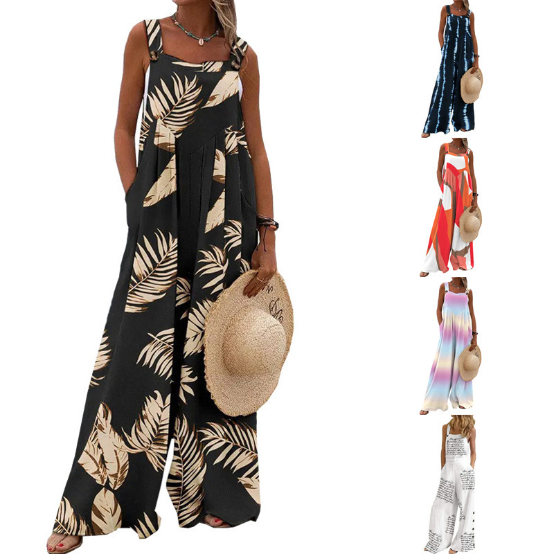 2026 European and American Style Women's Jumpsuit, Vacation Style, New Summer Amazon Print, Loose Casual Strap Wide-Leg Pants