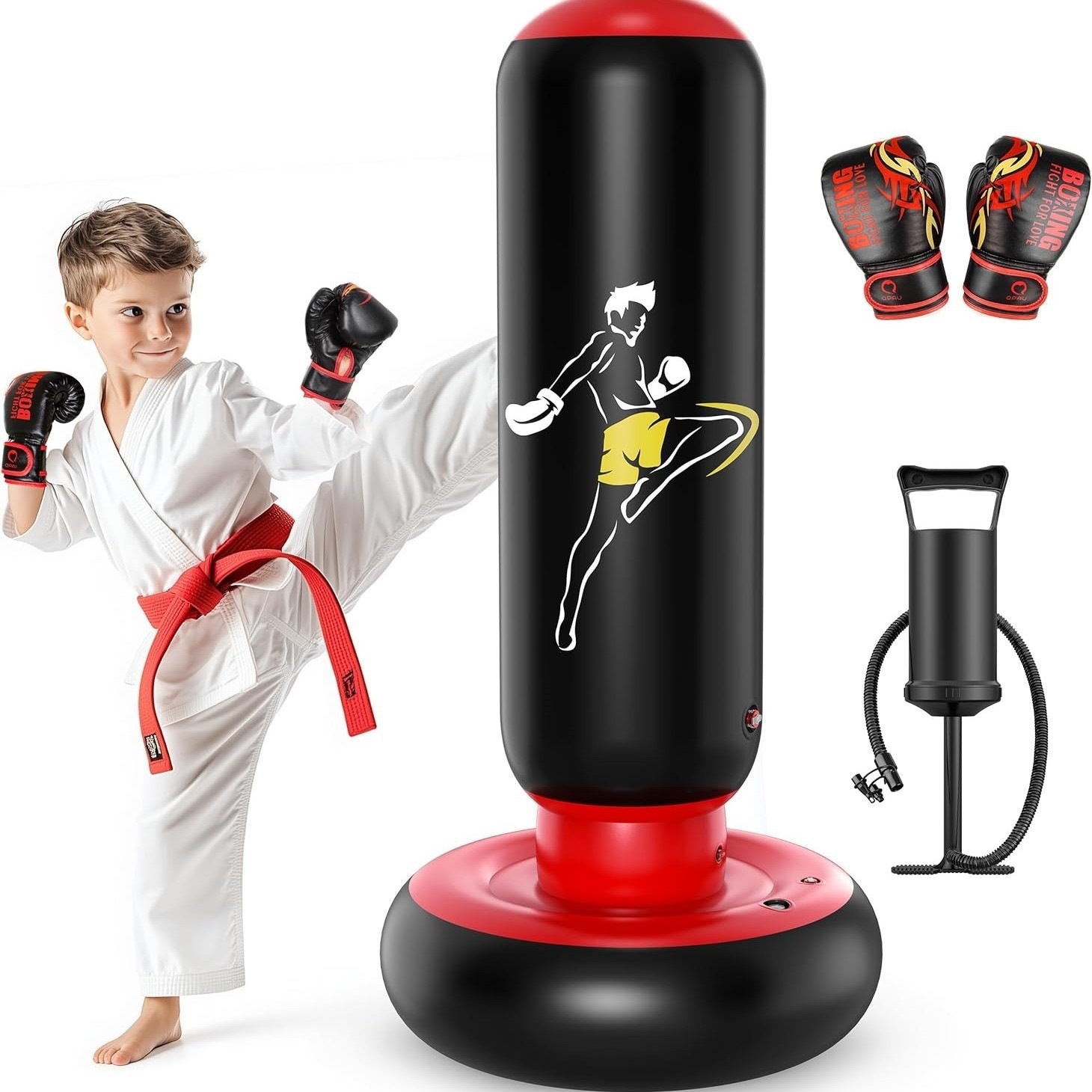 QPAU Children's Boxing Bag Toy with Boxing Gloves, 66inch Large Stable Inflatable Boxing Bag Set for Kids