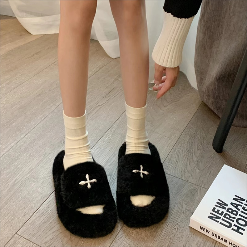 Mao Mao Slippers Women's Outfit 2024 Autumn and Winter New Korean Style Ins Trendy Shoes Furry Embroidered Home Thick Slippers