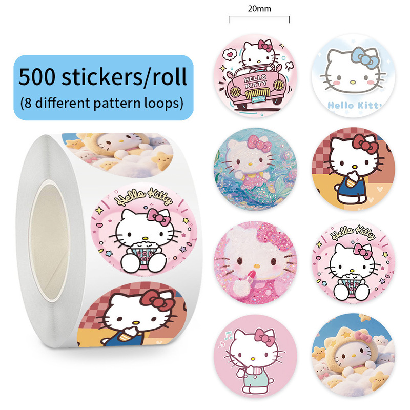 500 Sheets Per Roll Cartoon Cute Hellokitty Round Sealing Stickers Gift Decoration Stickers Mobile Phone Decoration Wholesale