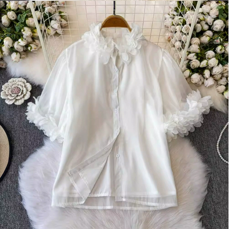 Рубашка Multiplication Caiyi с трехмерными лепестками, короткими рукавами, воротником-стойкой, универсальная, свободная, однотонная шифоновая рубашка, уменьшающая возраст.