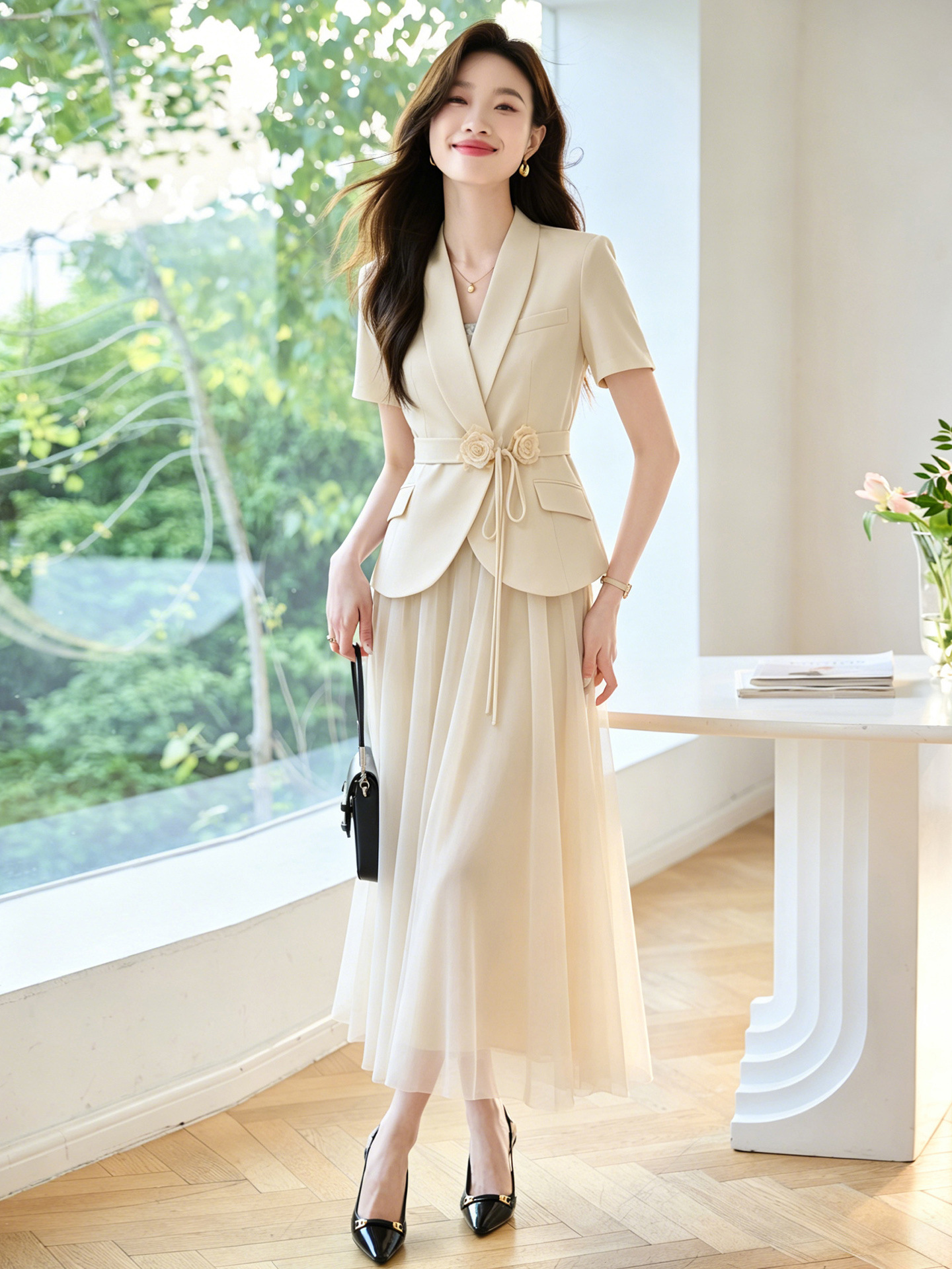 Set vest chân váy nữ công sở phong cách tiểu thư sang trọng, form ôm gọn dáng — Màu ảnh