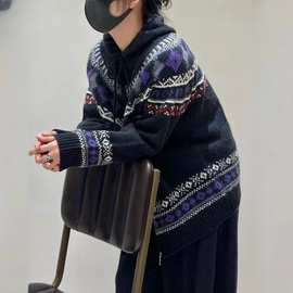 文艺复古费尔岛提花连帽羊毛衫女慵懒学院风加厚毛衣针织卫衣帽衫