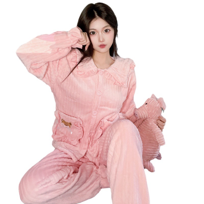 Rosa chica otoño y el invierno cálido coral lana fresca pequeña manga larga gruesa franela desgaste del hogar traje casual