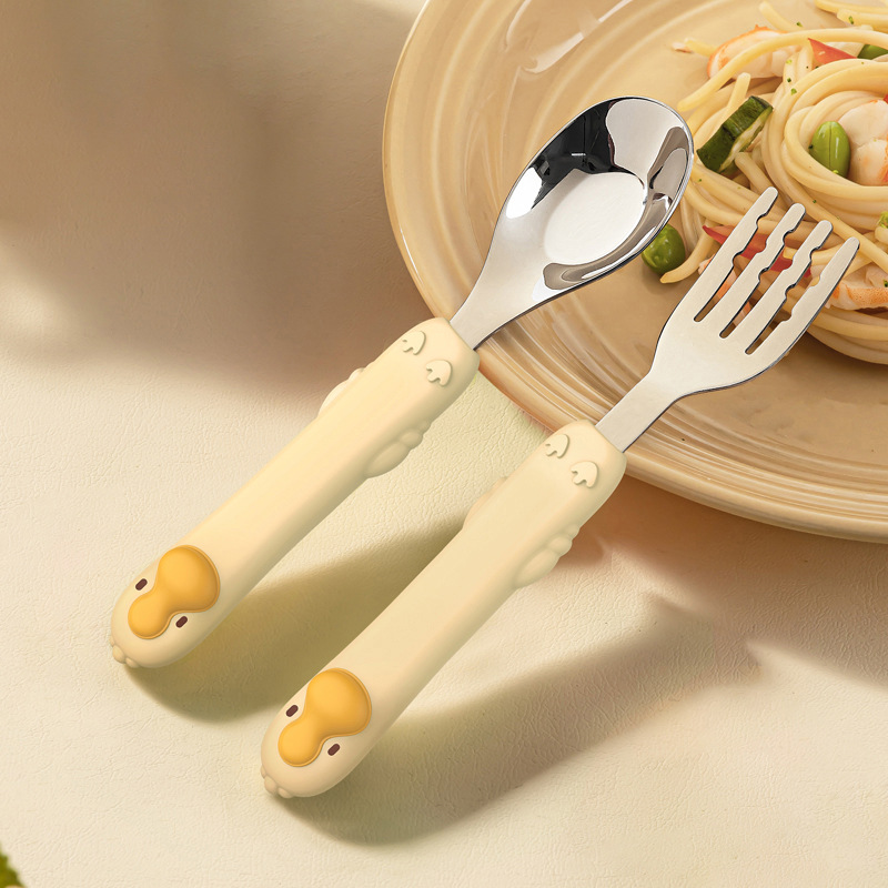Baby Spoon Independent Eating Fork and Spoon Learning to Eat Training Eating Kidsren's Tableware 316L Stainless Steel Ingot Spoon Complementary Food
