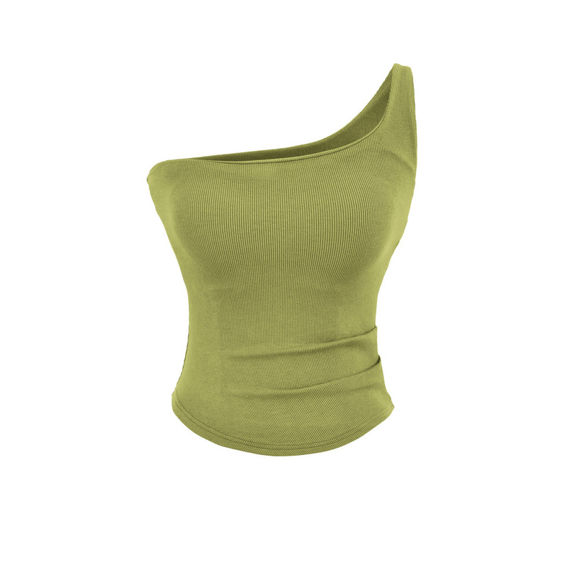 Green Vest with Chest Pads and Slanted Shoulder Straps for Women, Summer Slim Fit, Gentle Style, One-Shoulder, Versatile Sleeveless Top