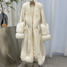 2023年冬季新款女装气质中长款羊毛呢大衣拼接狐狸毛皮草鹅绒内胆