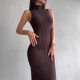 Cross-border European and American Knitted High Neck Sleeveless Tight Dress Spring and Summer New Style Mid-length Dress Elegant French Style European and American dress Women