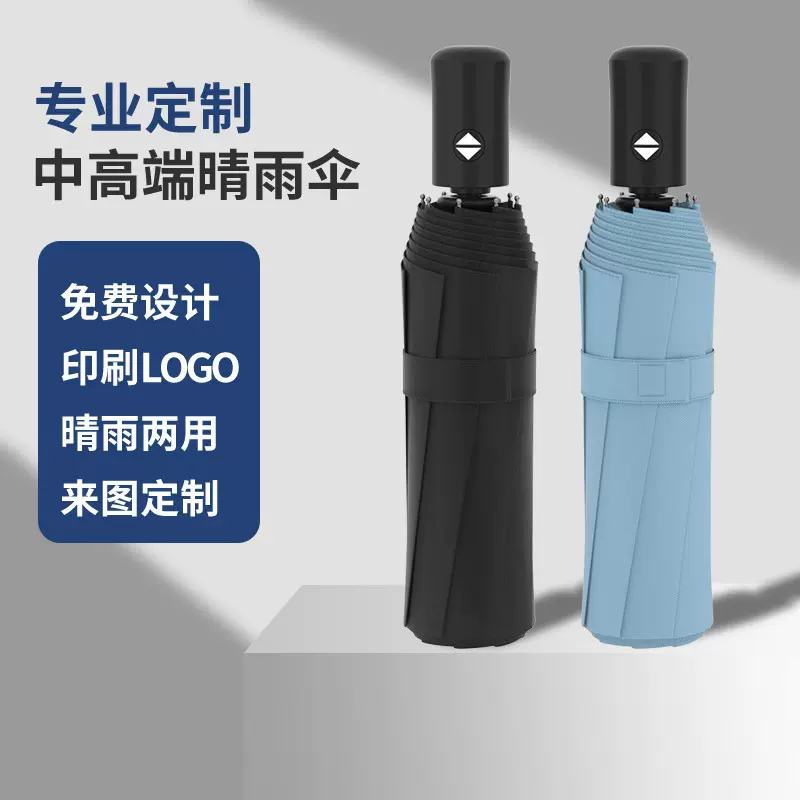 UV全自动黑胶防晒遮阳伞晴雨两用三折叠太阳伞雨伞双人logo广告伞