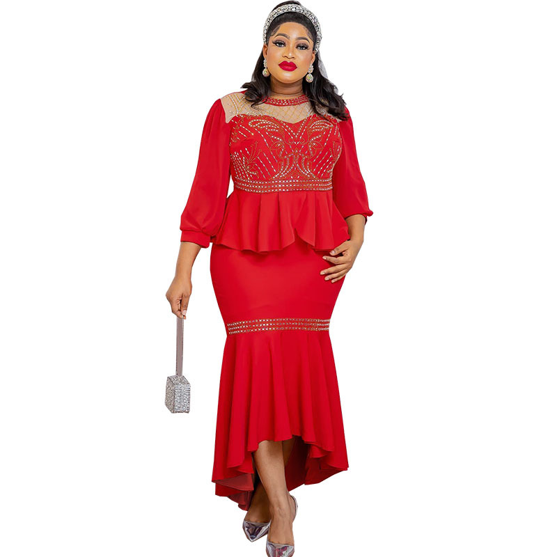 Women's Clothing new mesh splicing solid color hot diamond two piece set_voghion.com