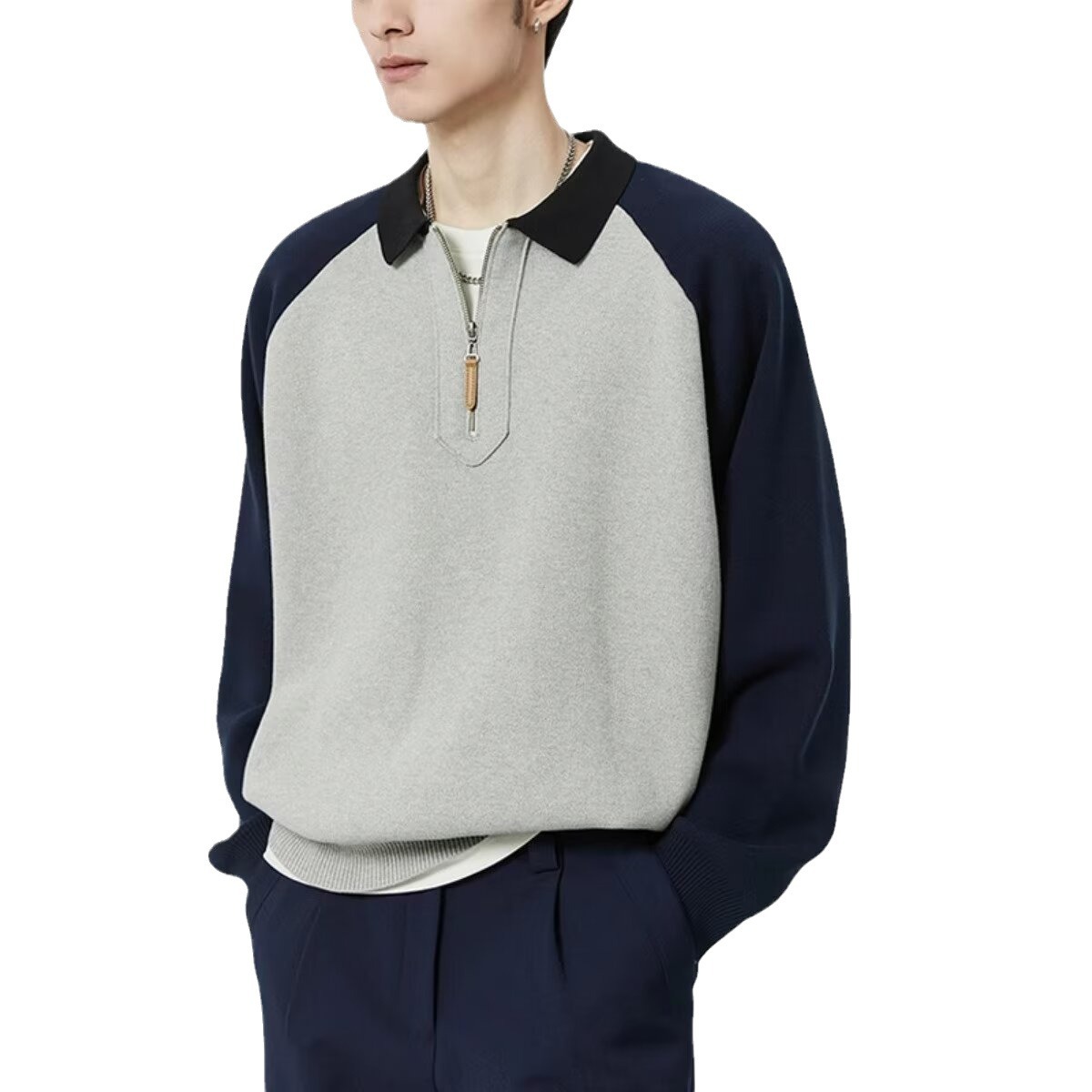 2024 color de contraste medio cremallera polo collar coreano pullover ropa de hombre otoño invierno nuevo abrigo superior