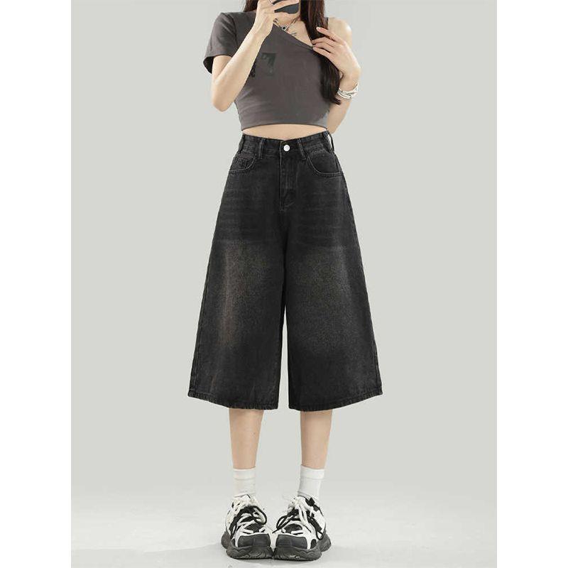 大码高腰韩版七分阔腿裤女2025年夏季薄款宽松显瘦白色直筒牛仔裤|undefined