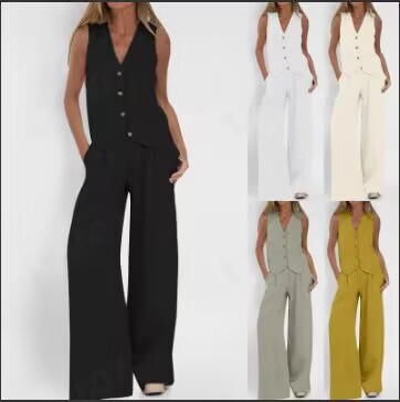 2025 European and American Cross-Border Aliexpress Hot Selling New Fashion Vest Pants Patchwork Cotton and Linen Casual Suit for Women