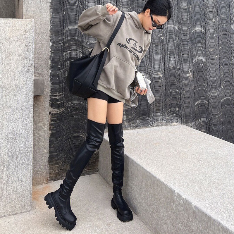 シュガーキューブシリーズ厚底ニーハイブーツロングブーツレディース2025秋冬スリムロングライダーブーツサイドジッパーストレッチブーツ