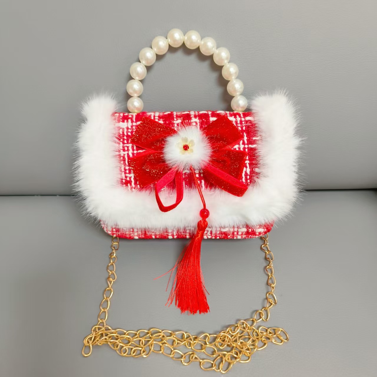 Gran bolso portátil de perla roja, cadena de arco, bolso cuadrado, bolso de Año Nuevo para chicas, bolso de Año Nuevo, viento fragante