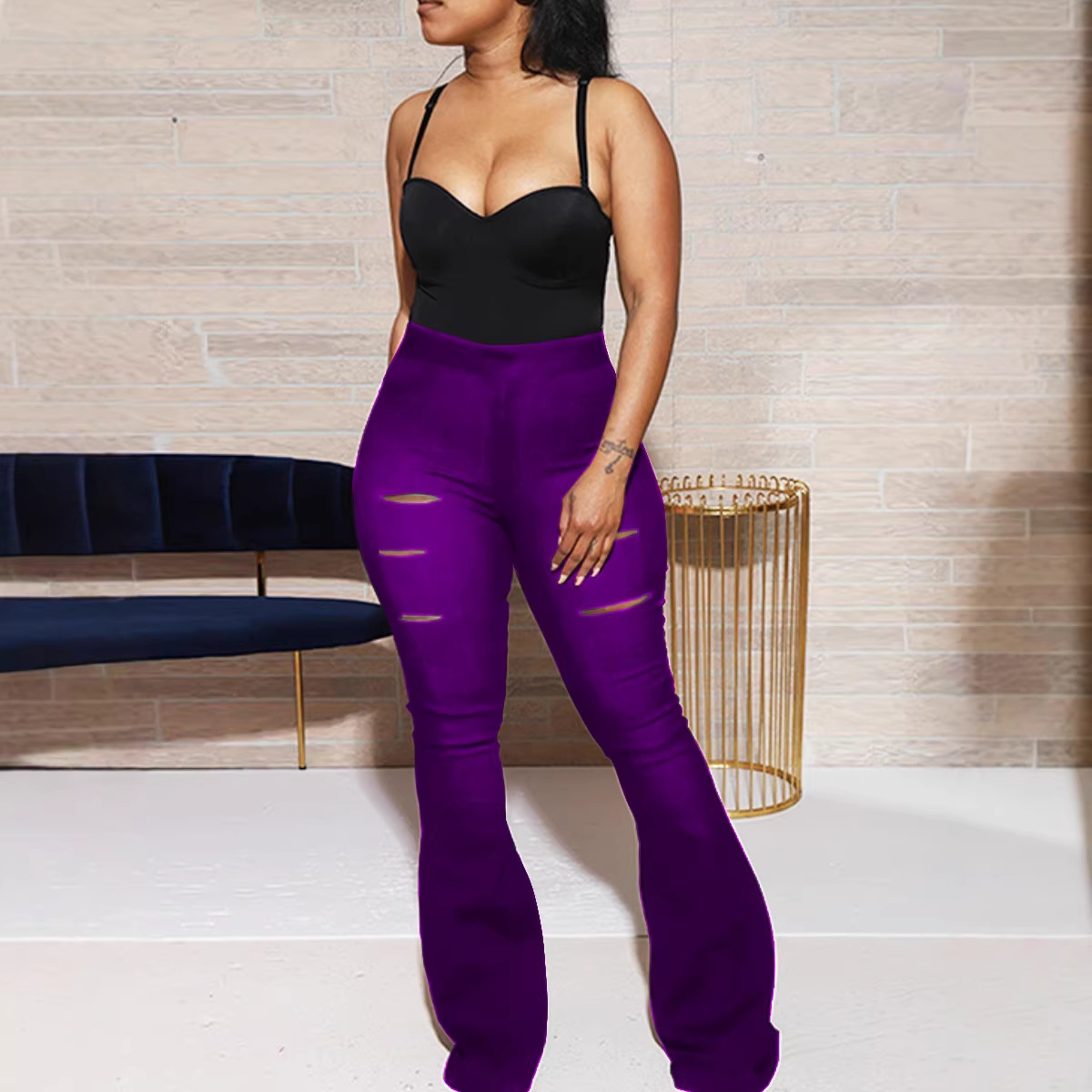 28008-2 popular ropa de las mujeres europeas y americanas clásicas de alta cintura corte flor arrancó pantalones micro pantalones las mujeres ventas directas de la fábrica