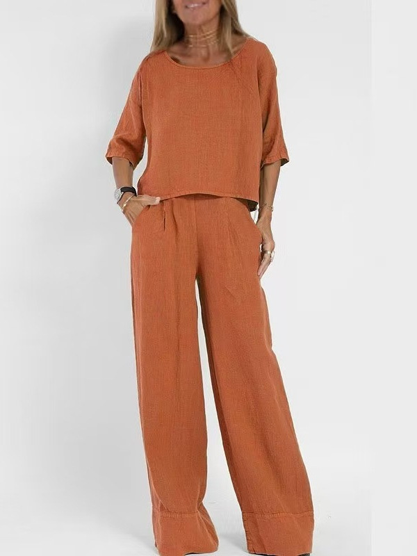 Casual Fashion Pocket Long Pants Beach Suit Spring Summer Short Sleeve Top Pullover Set Women Cotton Linen Solid Color Two-Piece
