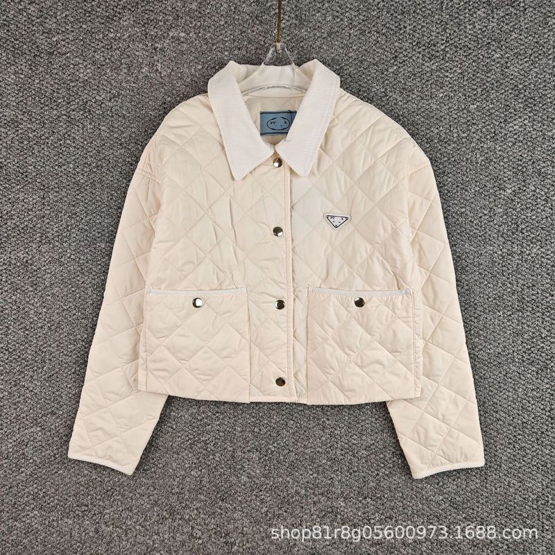 南油高版本秋季新款P家金属三角标菱格POLO领短款棉服外套|undefined
