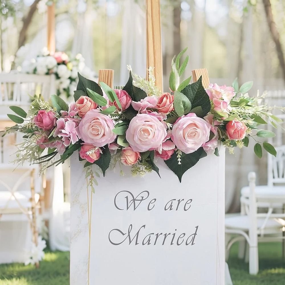 Nuevas flores de bienvenida flores artificiales flores de rosa filas de boda silla trasera de flores de mesa de comedor espejo frente decoración de puerta