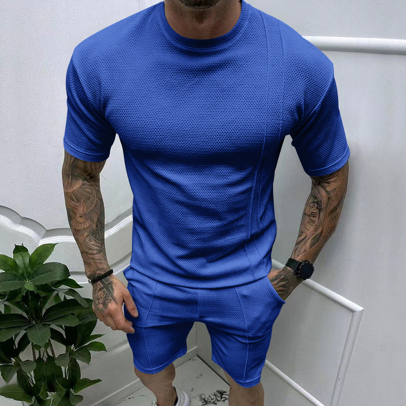 Nuevo Europa y los Estados Unidos transfronterizos ventas calientes para hombres de verano de color sólido pantalones cortos casuales de manga corta conjunto deportivo de verano conjunto de dos piezas