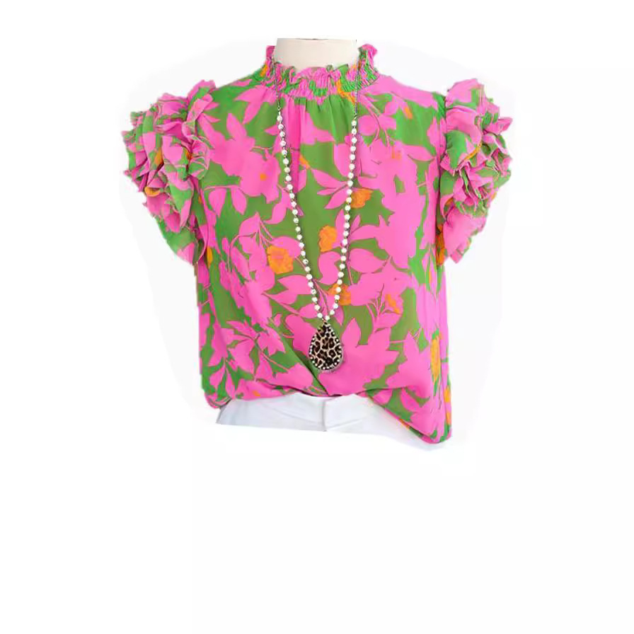 亚马逊花色几何飞飞袖花边上衣女欧美跨境设计感宽松套头T恤衫