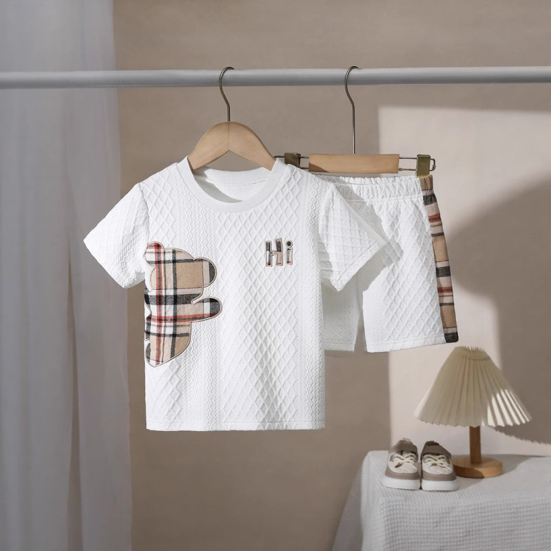 ヨーロッパとアメリカのクロスボーダー子供用半袖スーツチェック柄クマ漫画プリント男の子Tシャツ夏ルーズショーツ子供服|undefined