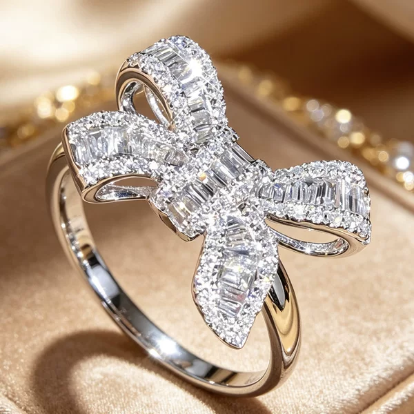 Yiwu Sanjie New Bowknot Diamond Ring, Exquisite Luxurious Simulated Diamond Ring, Elegant Women's Wedding Ring