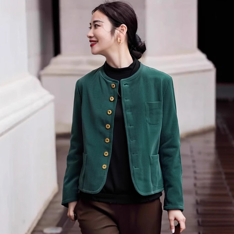 Green Corduroy Round Neck Shoulder Jacket 2025 New Style Unique Super Good-Looking Retro Easiest for Match Jacket Women's Spring Green Corduroy Round Neck Shoulder Jacket 2025 New Style Unique Super Good-Looking Retro Easiest for Match Jacket Women's Spring