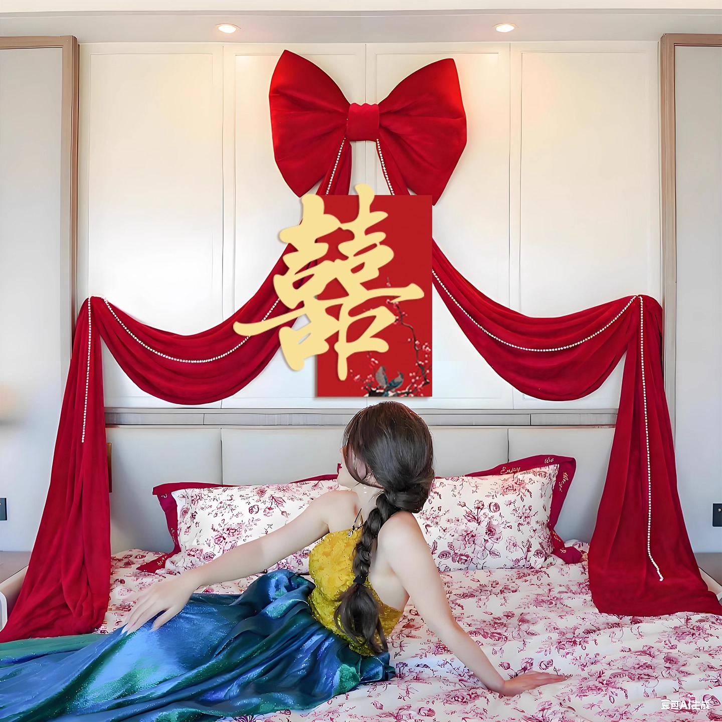 婚房布置套装结婚床头装饰大喜字kt板男女方卧室客厅婚礼蝴蝶拉花