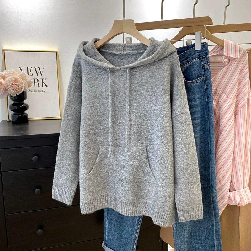 Осенне-Зимний вязаный свитер в ленивом стиле в Корейском стиле с капюшоном, Женская бархатная толстовка с капюшоном из клейкого риса, однотонный теплый топ 1106