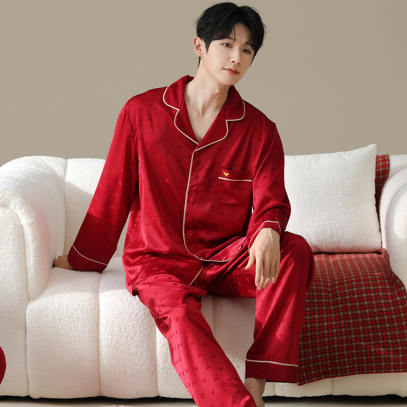 [Light and Soft] Men's Spring and Summer Homewear Set Ice Silk New Wedding Red Long-Sleeve Pajamas Plus Size for Outerwear