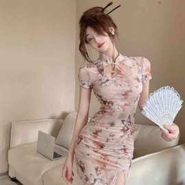 2026新款复古国风短袖收腰印花收腰包臀旗袍裙连衣裙修身新中式