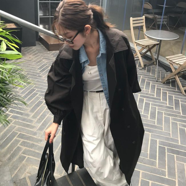韩版复古慵懒风翻领双排扣系带收腰长袖过膝长款风衣外套女88455|undefined