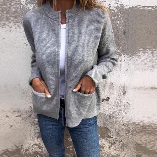 European and American independent online store—autumn/winter solid-color casual jacket with pocket, zip-up cardigan sweater, open-front cardigan