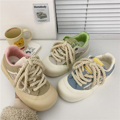 2024春季新款麻繩帆布女低幫厚底百搭麵包鞋學生韓版直播女鞋代發