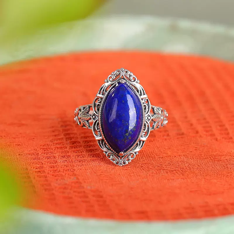 悦宝珠宝青金石S925纯银马眼如意花纹独特小众复古活口银戒指批发