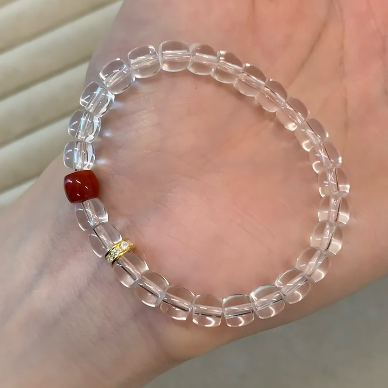 White Crystal Barrel Beads Paired with Red Agate Original Design Bracelet, Couple's Light Luxury Bracelet That Enhances Complexion, Exquisite and Authentic