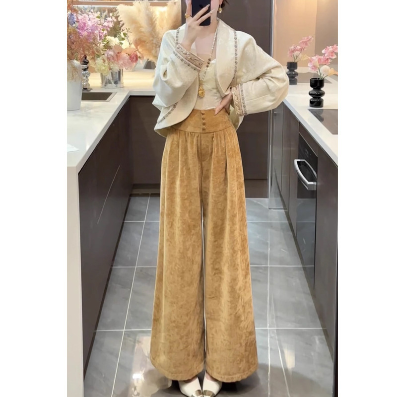 星辰2025秋新款中式设计款茧型提花刺绣外套+阔腿裤套装女两件套|undefined