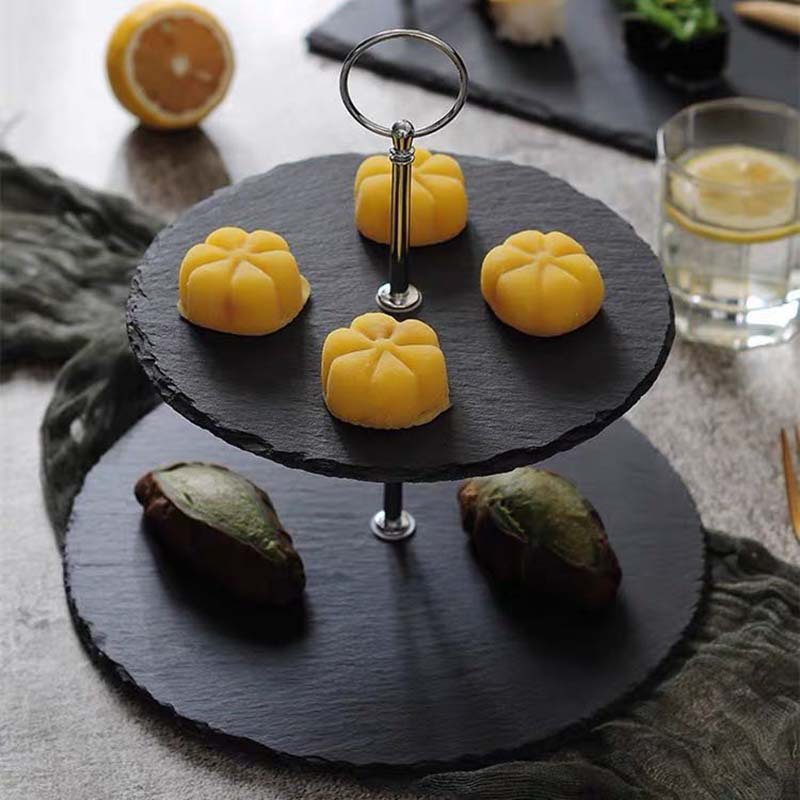 Estilo japonés y coreano de múltiples capas de pizarra negra soporte de la torta de cafetería placa de la torta de doble capa occidental postre plato de fruta Placa de oscilación