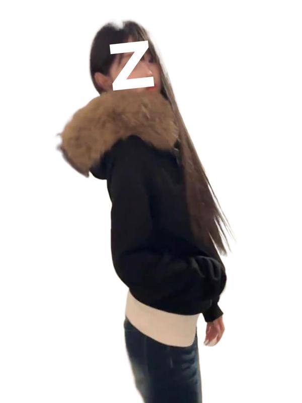 美式高街毛领连帽卫衣女装春秋季2025新款韩系慵懒风短款开衫外套|undefined