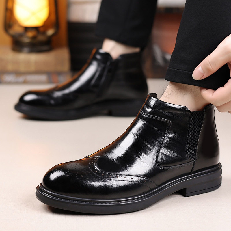 Giày bốt Martin nam da bò thật cổ trung, mũi nhọn, khóa kéo bên hông, gót 3–5 cm — Bốn mùa đen, Lông cừu đen
