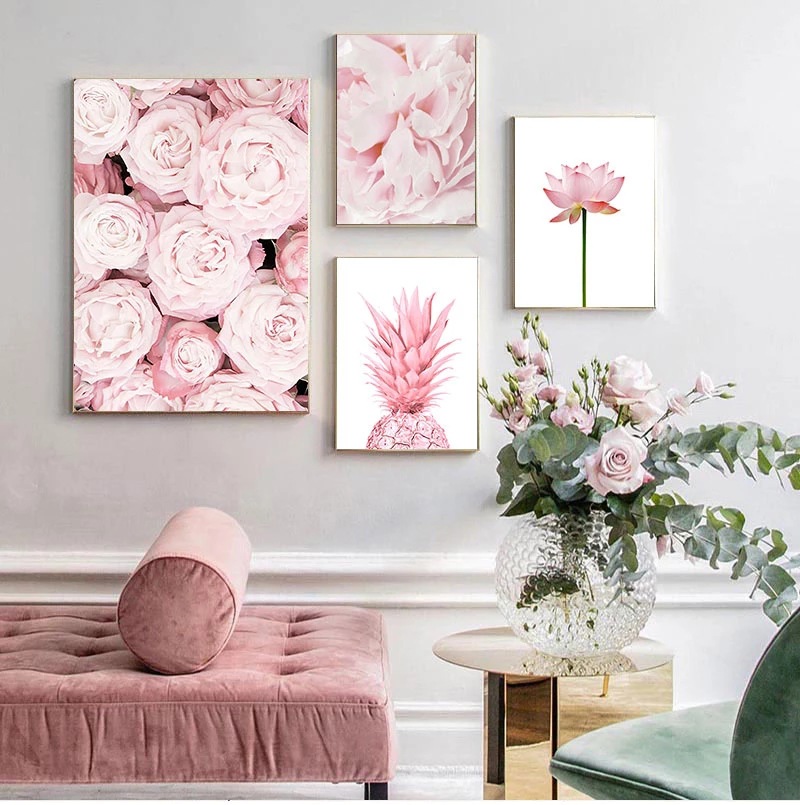 粉色系玫瑰莲花菠萝花朵北欧植物花卉斯堪纳维亚油画家居装饰画芯