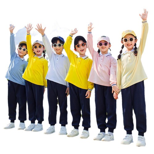 Summer College Style Girls' School Uniform Dress Set Blue Set Pure Cotton Long Sleeve Top and Pants