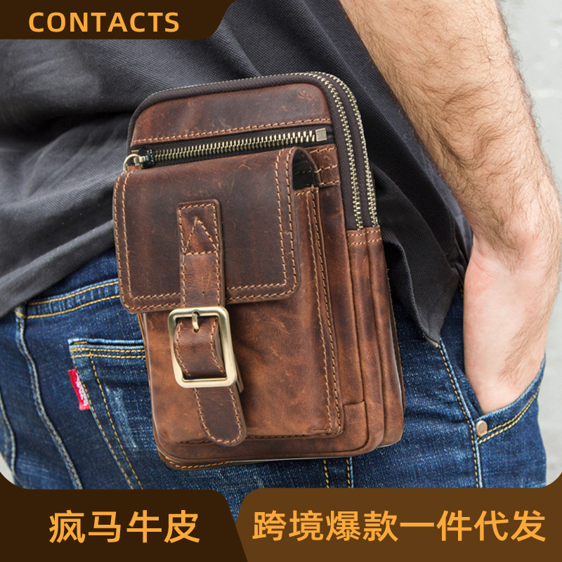 Black Angel Retro Crazy Horse Cowhide Men's Shoulder Crossbody Bag Fashion Trend Genuine Leather Men's Sports Mobile Phone Waist Bag