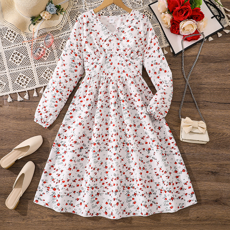 Comercio exterior transfronterizo ropa de niñas 2025 otoño nuevo estilo francés flores cortas mangas largas cintura adelgazante vestido de niños medianos y grandes