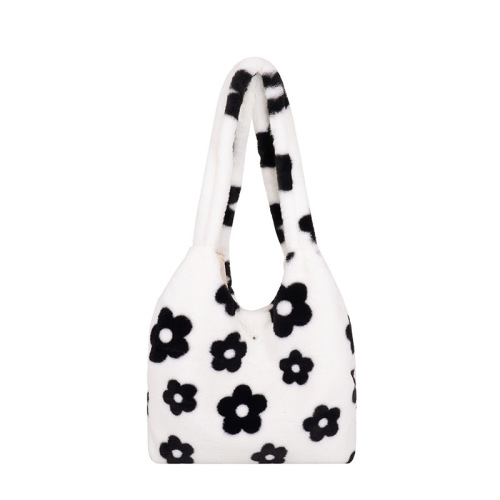 Bags  autumn and winter new Japanese style cute black and white flower plush women's bag furry single shoulder crossbody bag armpit bag