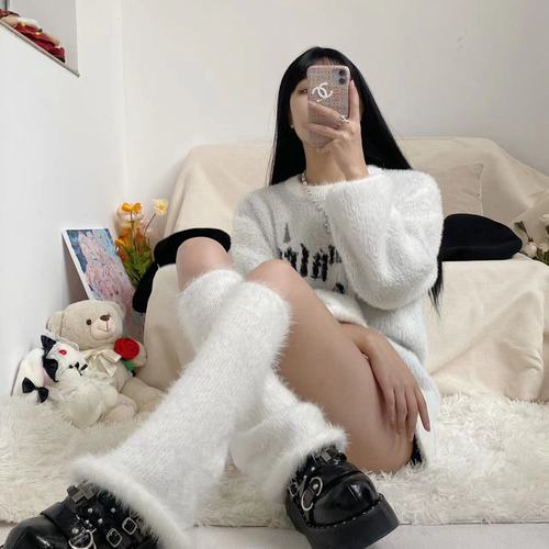 New autumn and winter products thickened mink fur feather yarn plush y2k hot girl socks warm and slimming horn wide leg leg covers