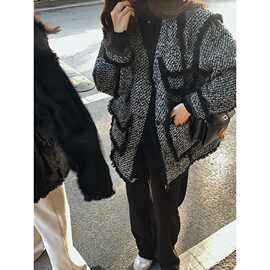 秋冬洋气法式复古流苏夹棉加厚宽松羊毛小香风粗花呢外套大衣